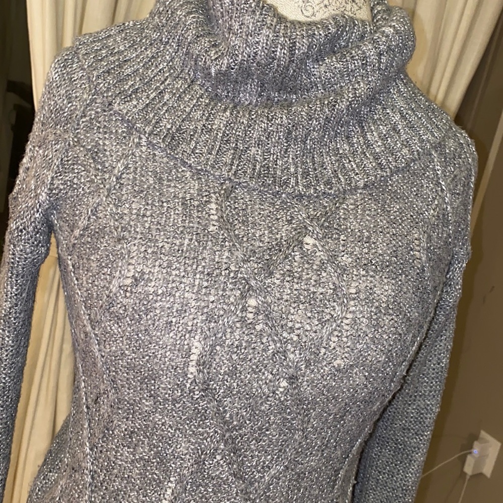 Gray cowl neck turtleneck longsleeve textured short sweater shirt women’s top S - Picture 2 of 7